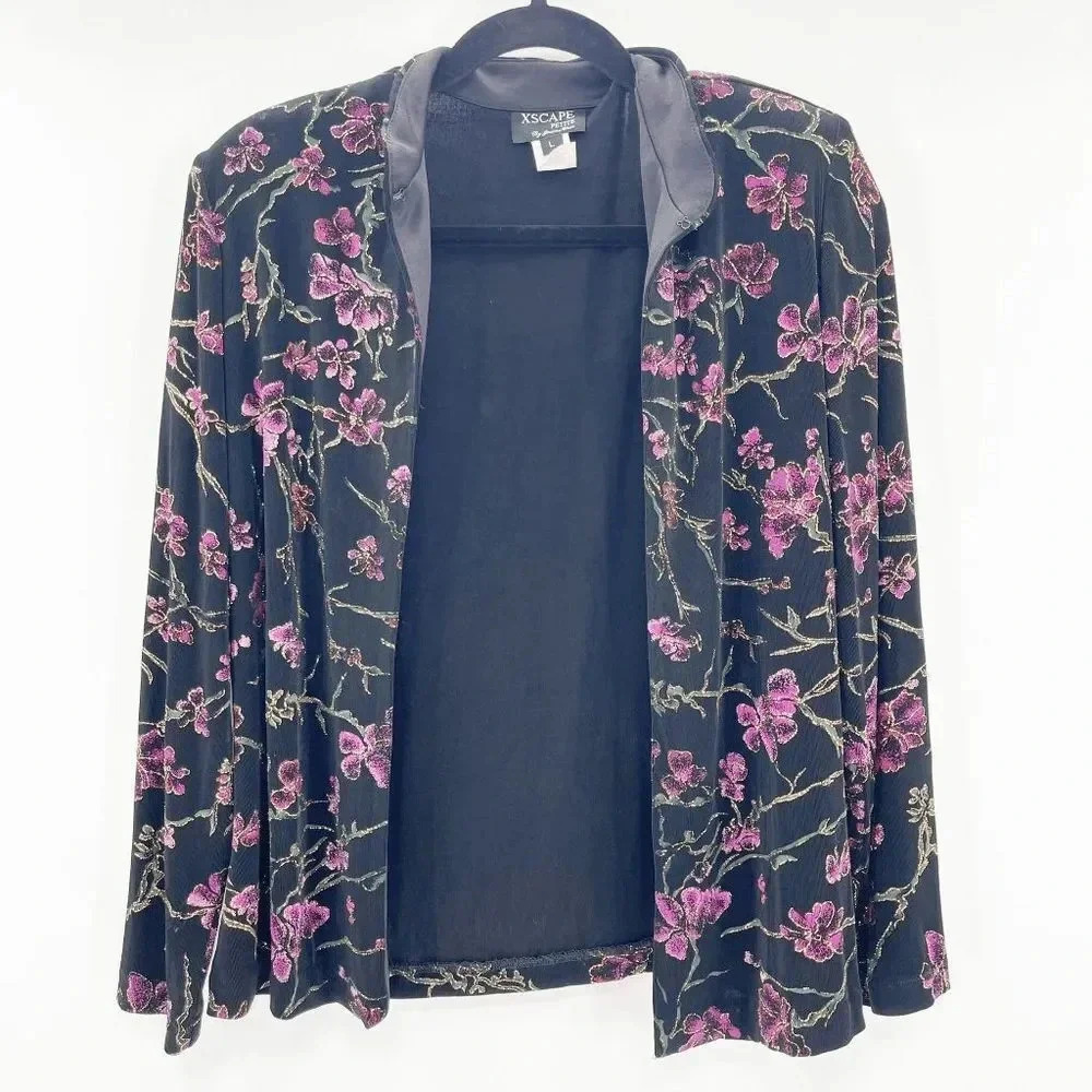 Vintage Xscape Petite Black‎ Floral Open Cardigan Jacket Women's Size L